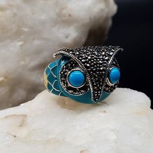 Sterling Silver 925 Designer Ring Turquoise Stone Swiss Marcasite Owl Jewelry